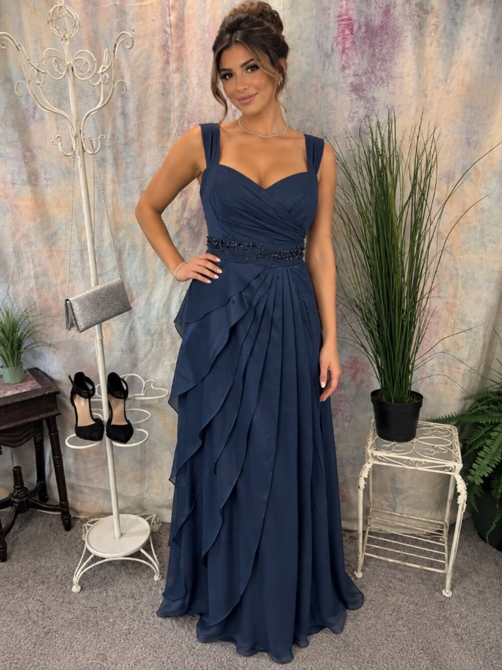📌Adrianna Papell Beaded Empire Waist Tiered Satin & Chiffon Formal - Prom Gown